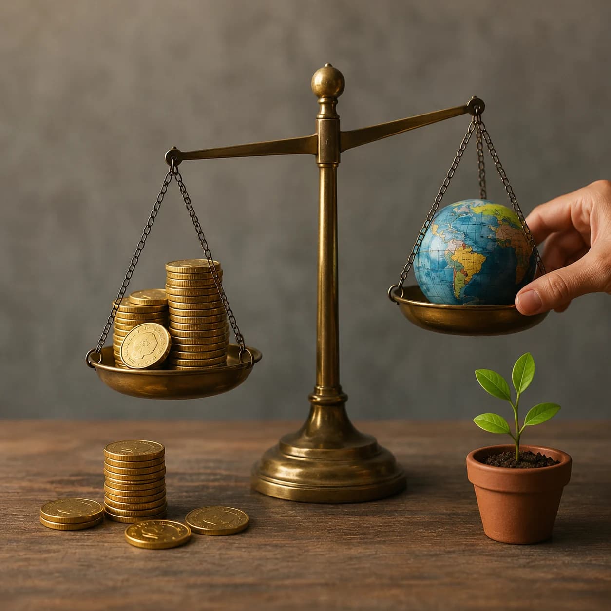 A balance scale weighing coins and the planet, symbolising balancing returns with responsibility