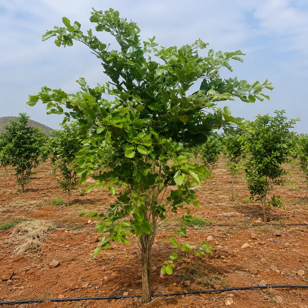 A maturing red sandalwood tree on a drip-irrigated plantation in Andhra Pradesh