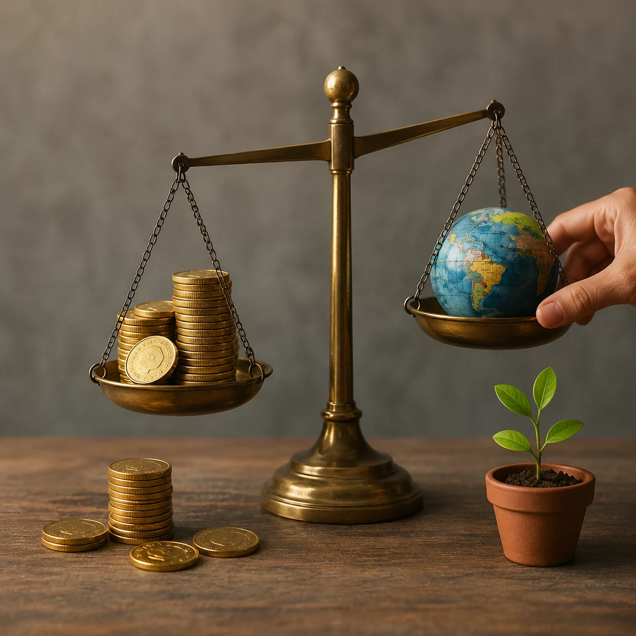 A balance scale weighing coins and the planet, symbolising balancing returns with responsibility